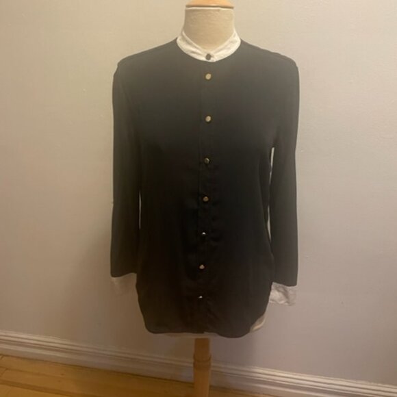 Vintage Equipment black silk button down collarless shirt with white trim - Picture 1 of 8